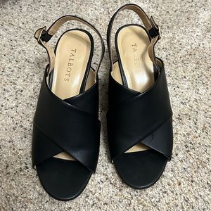 Talbot’s black leather and python print wedge sandal size 7